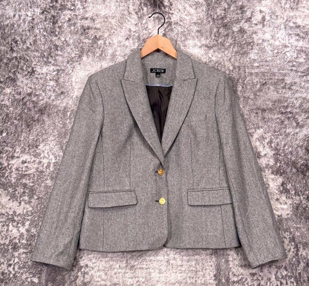 J Crew Ecole Blazer 12 Womens Gray Herringbone Jacket Gold Button